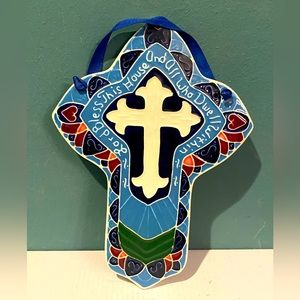 Vtg J Duban Designs Hanging Ceramic Tile Handcrafted Cross Lord Bless This Home